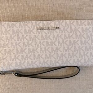 Michael Kors wristlet wallet white and dove grey with MK logo print